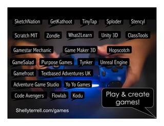 Shellyterrell.com/games
ZondleScratch MIT
TinyTapGetKathoot StencylSketchNation
GameSalad Purpose Games
ClassTools
Game Ma...