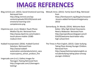Blog.remind.com. (2015). Social Emotional Learning.
Retrieved from
http://blog.remind.com/wp-
content/uploads/2015/02/social-and-
emotional-learning-core-
competencies.png
Clipshrine.com. (n.d.). Modern Touch Phone
Mobile Clip Art. Retrieved from
http://www.clipshrine.com/modern-
touch-phone-mobile-13580-
medium.html
Hubbell Incorporated. (2016). Hubbell Control
Solutions. Retrieved from
http://www.hubbell-
automation.com/products/omni_vaca
ncyoccupancy_sensor_product_line
Imgarcade.com (n.d.). Gallery Images for
Teenagers Texting Retrieved from
http://imgarcade.com/1/teenagers-
texting/
Metcalf, Anne. (2013). Family Search Blog. Retrieved
from
https://familysearch.org/blog/en/research
-lessons-added-familysearchorgjanuary-
2013/
Sonnenburg, Dr. Mandy. (2014). Welcome Back
Kotter: Why High School Classrooms
Need a Makeover. Retrieved from
http://parseprofessor.blogspot.com/2
014/03/welcome-back-kotter-why-
high-school.html
The Times in Plain English, (2013). Cyber bullying
Taking Place Among Younger Children.
Retrieved from
http://www.thetimesinplainenglish.co
m/cyberbullying-taking-place-among-
younger-children/
 