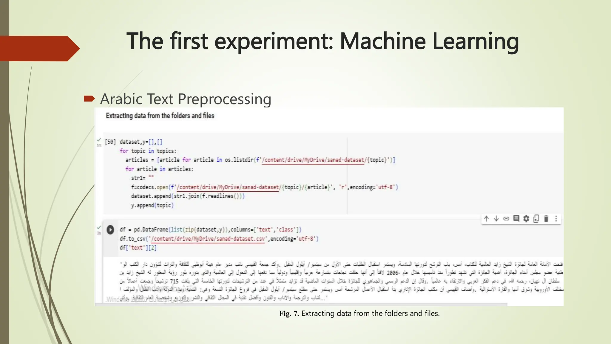 The first experiment: Machine Learning
 Arabic Text Preprocessing
Fig. 7. Extracting data from the folders and files.
 