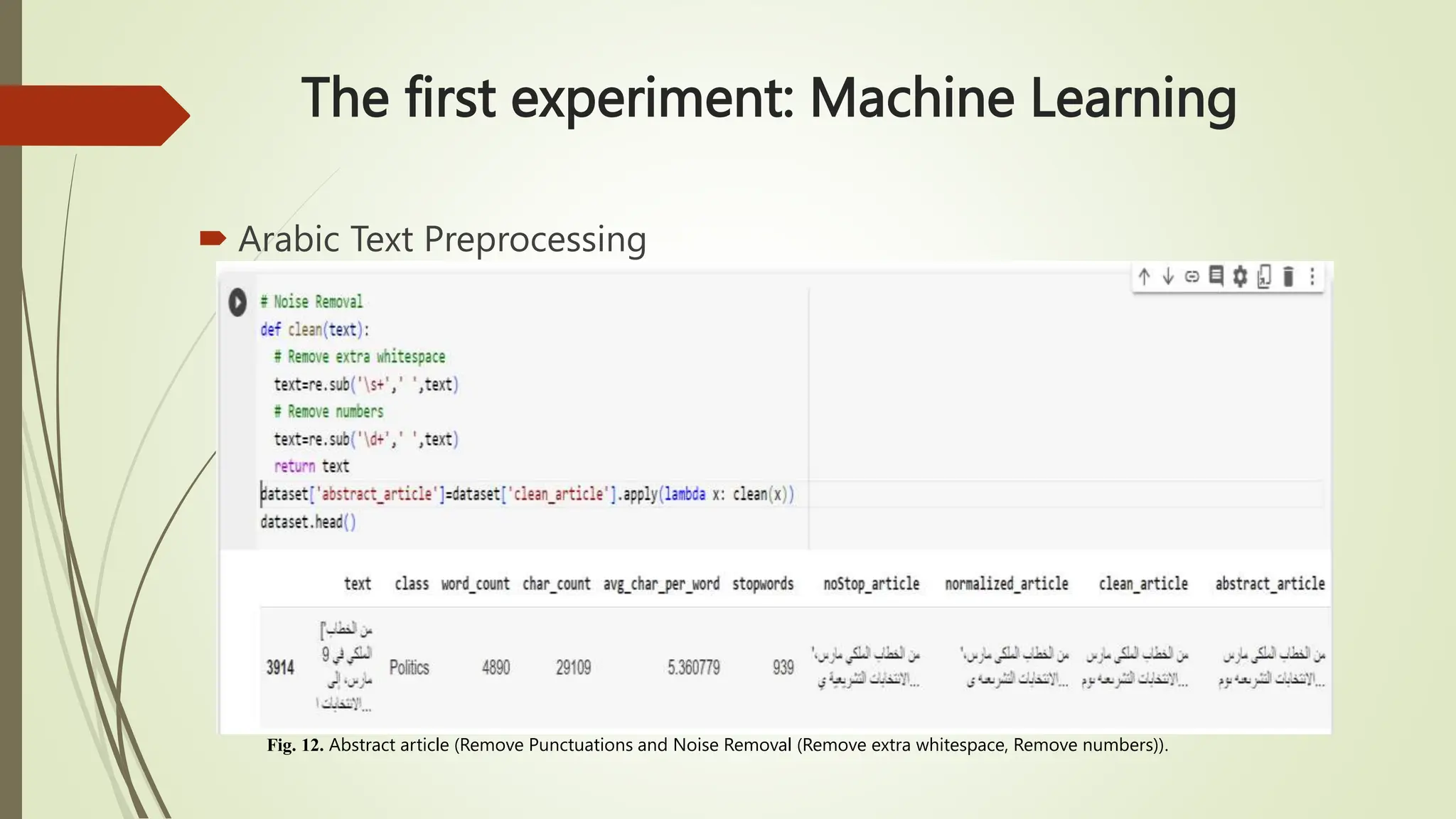 The first experiment: Machine Learning
 Arabic Text Preprocessing
Fig. 12. Abstract article (Remove Punctuations and Noise Removal (Remove extra whitespace, Remove numbers)).
 