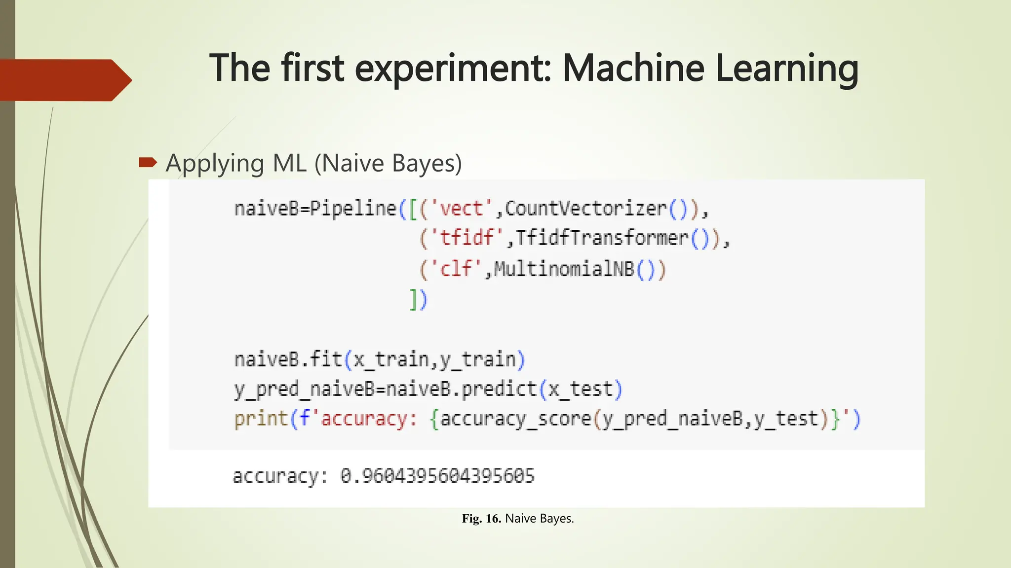 The first experiment: Machine Learning
 Applying ML (Naive Bayes)
Fig. 16. Naive Bayes.
 