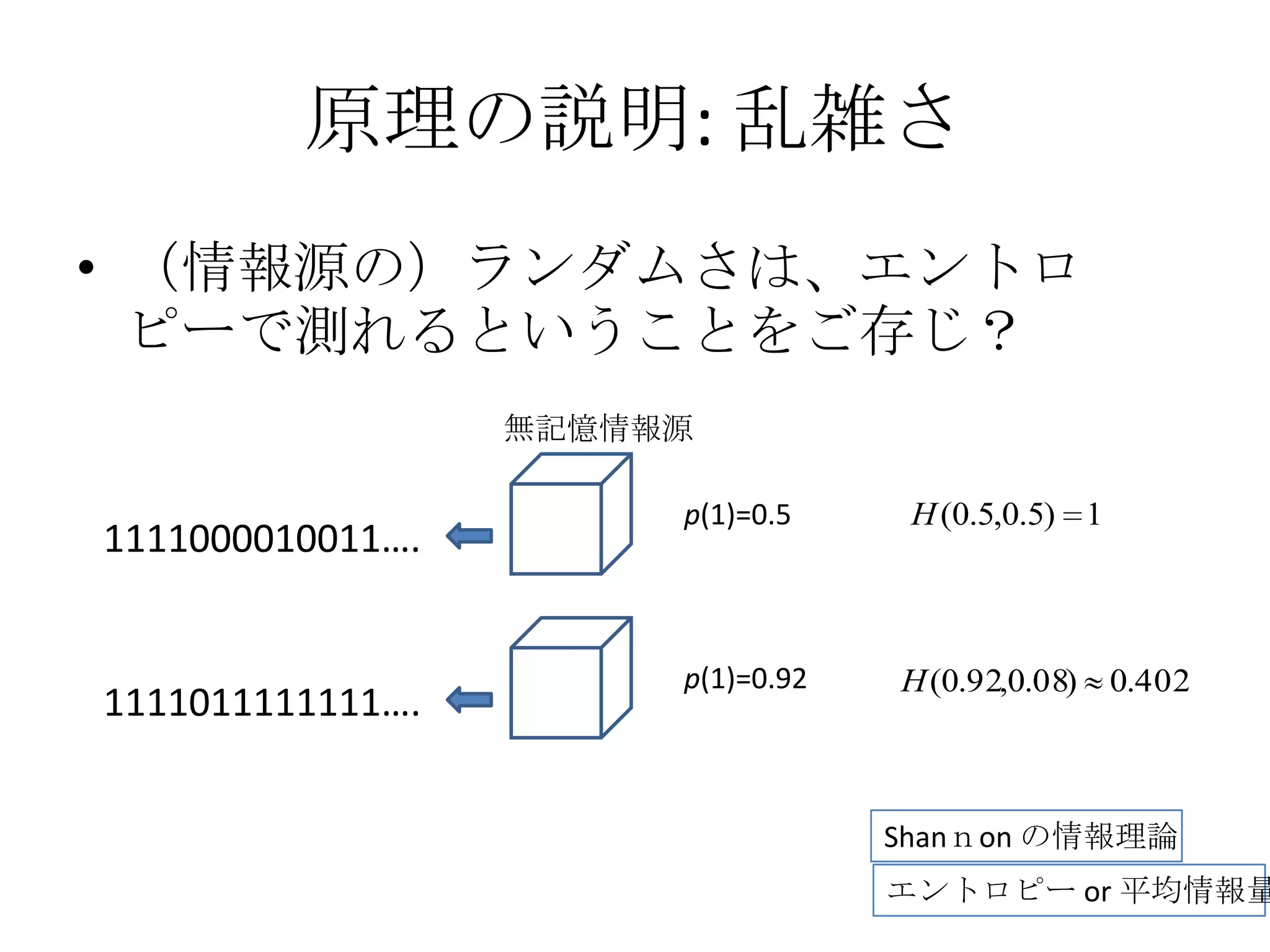 原理の説明: 乱雑さ
• （情報源の）ランダムさは、エントロ
  ピーで測れるということをご存じ？
                  無記憶情報源

                  P(1)   p(1)=0.5     H (0.5,0.5) 1
1111000010011….    =


                  P(1)   p(1)=0.92   H (0.92,0.08) 0.402
1111011111111….    =


                                     Shanｎon の情報理論
                                     エントロピー or 平均情報量
 