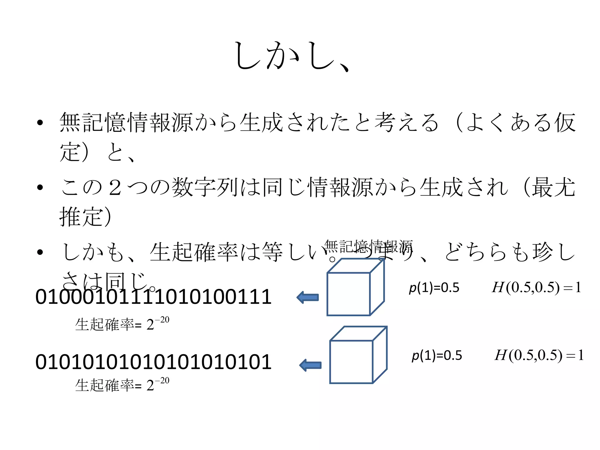 しかし、
• 無記憶情報源から生成されたと考える（よくある仮
  定）と、
• この２つの数字列は同じ情報源から生成され（最尤
  推定）
                     無記憶情報源
• しかも、生起確率は等しい。つまり、どちらも珍し
  さは同じ。               P(1) p(1)=0.5 H (0.5,0.5) 1
01000101111010100111   =
             20
   生起確率= 2
                           P(1)   p(1)=0.5   H (0.5,0.5) 1
01010101010101010101        =
             20
   生起確率= 2
 
