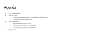 Agenda
● Text classification
● Sparse data
○ Dimensionality reduction / visualization sparse data
○ Classification on sparse data
● Text embedding
○ Short explanation doc2vec
○ Visualization sparse vs embedded
○ Classification sparse vs embedded
● Hands-on!
 