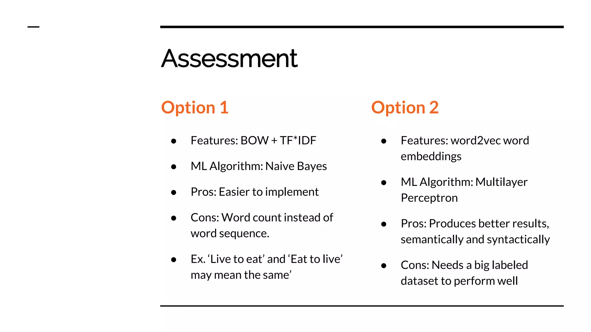 Assessment
Option 1
● Features: BOW + TF*IDF
● ML Algorithm: Naive Bayes
● Pros: Easier to implement
● Cons: Word count instead of
word sequence.
● Ex. ‘Live to eat’ and ‘Eat to live’
may mean the same’
Option 2
● Features: word2vec word
embeddings
● ML Algorithm: Multilayer
Perceptron
● Pros: Produces better results,
semantically and syntactically
● Cons: Needs a big labeled
dataset to perform well
 