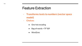 Feature Extraction
- Transforms texts to numbers (vector space
model)
- Choices:
● One-hot encoding
● Bag-of-words + TF*IDF
● Word2vec
 