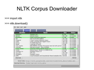NLTK Corpus Downloader
>>> import nltk
>>> nltk.download()
 
