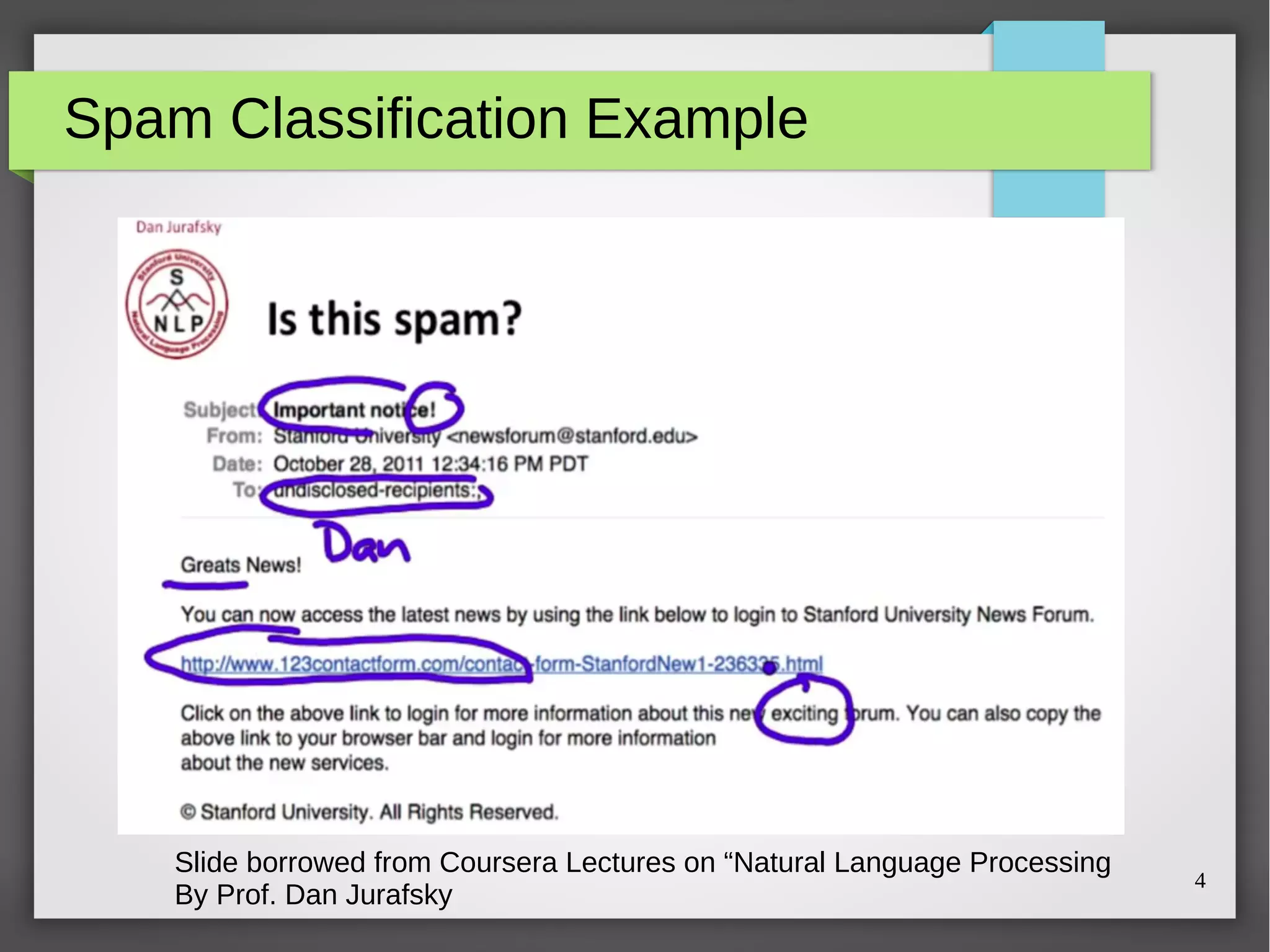 4
Spam Classification Example
Slide borrowed from Coursera Lectures on “Natural Language Processing
By Prof. Dan Jurafsky
 