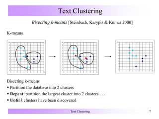Text Clustering 7
Text Clustering
Bisecting k-means [Steinbach, Karypis & Kumar 2000]
K-means
Bisecting k-means
 Partition the database into 2 clusters
 Repeat: partition the largest cluster into 2 clusters . . .
 Until k clusters have been discovered
0
1
2
3
4
5
6
7
8
9
10
0 1 2 3 4 5 6 7 8 9 10
0
1
2
3
4
5
6
7
8
9
10
0 1 2 3 4 5 6 7 8 9 10
0
1
2
3
4
5
6
7
8
9
10
0 1 2 3 4 5 6 7 8 9 10
 