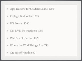 Applications for Student Loans: 1270

College Textbooks: 1215

W4 Forms: 1260

CD-DVD Instructions: 1080

Wall Street Journal: 1320

Where the Wild Things Are: 740

Grapes of Wrath: 680
 