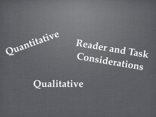 a ti ve
     nt it          Reader
Q ua                       and Ta
                                  sk
                    Consid
                           eration
                                  s
        Qualitative
 
