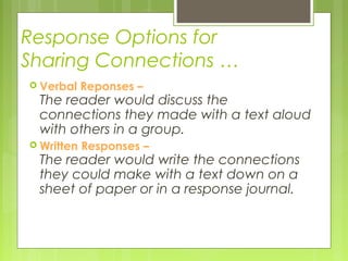 Response Options for
Sharing Connections …
 Verbal Reponses –
The reader would discuss the
connections they made with a text aloud
with others in a group.
 Written Responses –
The reader would write the connections
they could make with a text down on a
sheet of paper or in a response journal.
 