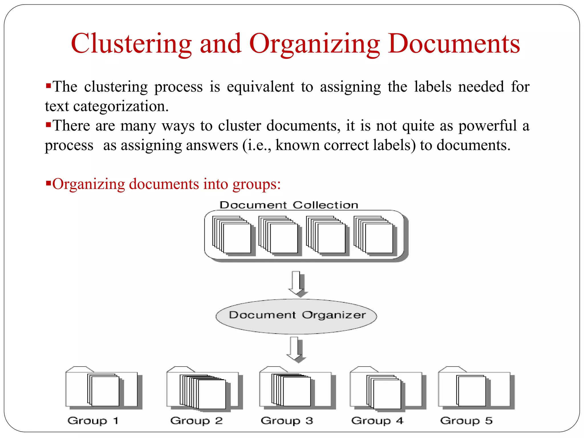Clustering and Organizing Documents
The clustering process is equivalent to assigning the labels needed for
text categorization.
There are many ways to cluster documents, it is not quite as powerful a
process as assigning answers (i.e., known correct labels) to documents.
Organizing documents into groups:
 