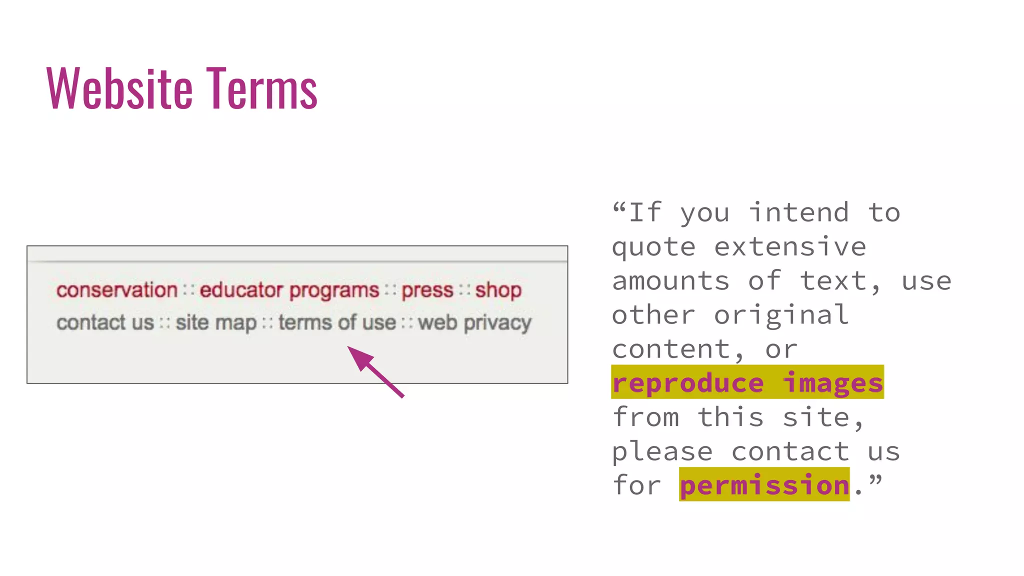 Website Terms
“If you intend to
quote extensive
amounts of text, use
other original
content, or
reproduce images
from this site,
please contact us
for permission.”
 