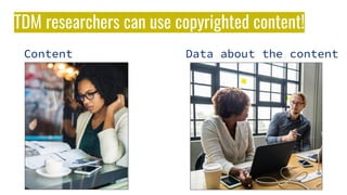 Content Data about the content
TDM researchers can use copyrighted content!
 