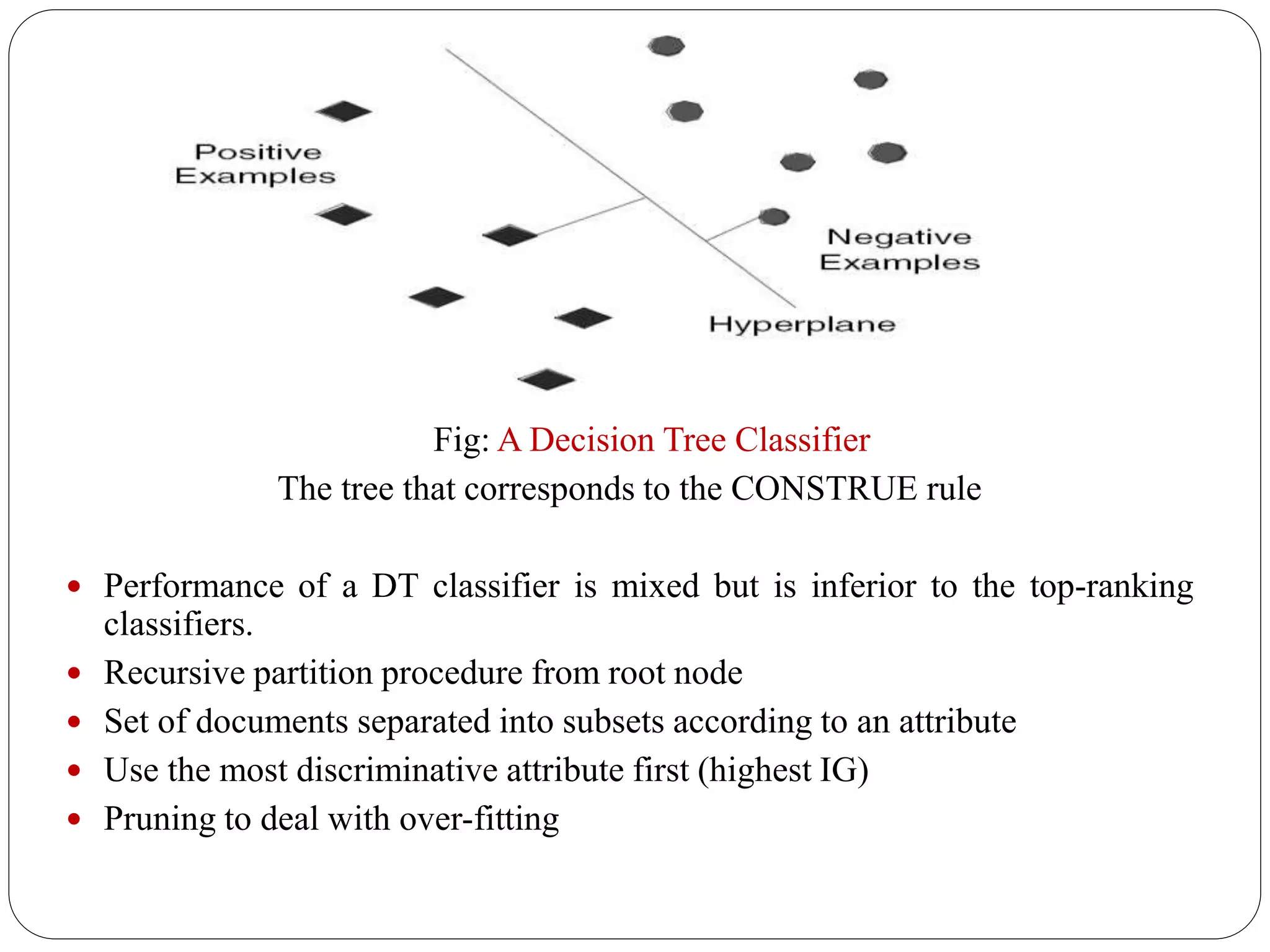 Fig: A Decision Tree Classifier
The tree that corresponds to the CONSTRUE rule
 Performance of a DT classifier is mixed but is inferior to the top-ranking
classifiers.
 Recursive partition procedure from root node
 Set of documents separated into subsets according to an attribute
 Use the most discriminative attribute first (highest IG)
 Pruning to deal with over-fitting
 