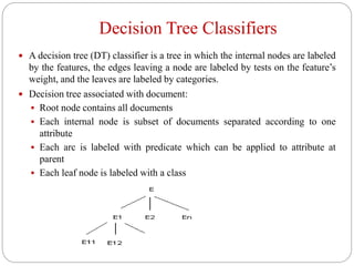 Decision Tree Classifiers
 A decision tree (DT) classifier is a tree in which the internal nodes are labeled
by the features, the edges leaving a node are labeled by tests on the feature’s
weight, and the leaves are labeled by categories.
 Decision tree associated with document:
 Root node contains all documents
 Each internal node is subset of documents separated according to one
attribute
 Each arc is labeled with predicate which can be applied to attribute at
parent
 Each leaf node is labeled with a class
 
