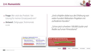 SEO Keywords Redaktion Technik Content Marketing Link-Strategien Link-Detox
Redaktion für Konversion
2.4. Humanistic
24
‣ Frage: Wer setzt das Produkt / die
Lösung für meinen Einsatzzweck ein?
‣ Antwort: Zielgruppe, Testimonials
u.s.w.
„Und schöpfen dabei aus der Erfahrung von
vielen hundert Webseiten-Projekten mit
zufriedenen Kunden.“
„Schon jetzt schwören 100.000 Läufer und
Radler auf unser Fitnessband.“
 