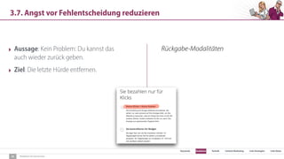 SEO Keywords Redaktion Technik Content Marketing Link-Strategien Link-Detox
Redaktion für Konversion
3.7. Angst vor Fehlentscheidung reduzieren
35
‣ Aussage: Kein Problem: Du kannst das
auch wieder zurück geben.
‣ Ziel: Die letzte Hürde entfernen.
Rückgabe-Modalitäten
 