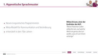 SEO Keywords Redaktion Technik Content Marketing Link-Strategien Link-Detox
Redaktion für Konversion
1. Hypnotische Sprachmuster
9
‣ Neuro-Linguistisches Programmieren
‣ Meta-Modell für Kommunikation und Veränderung
‣ entwickelt in den 70er Jahren
Milton Ericson, einer der
Großväter des NLP:
"Meine Patienten sollen
völlig frei sein, auf welche 
Weise sie genau das tun 
wollen, was ich von ihnen 
verlange.“  
 