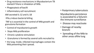 • Drug resistance mechanisms in Mycobacterium TB
started if there is Inhalation of Mtb.
• Phagocytosis of bacilli
• Inflammatory cell recruitment
AM secreted IL-12 and IL-18
IFN-γ induce bacterial killing
TNF-α is essential in the control of Mtb growth and
granuloma formation
• Control of mycobacteria growth
• Stops Mtb proliferation
• Chronic cytokine stimulation
• Granuloma is formed by several cells recruited to
• the lung. Inside, infected macrophages contain the
Mtb preventing their spread.
• Postprimary tuberculosis
Mycobacteria persistence
is associated to a failurein
the immune-surveillance
• Disease may reactivate
• Damage of nearby
bronchi
• Spreading of the Mtb to
other areas ofthe lung
 