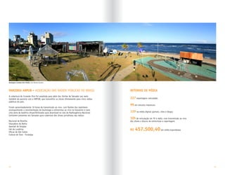 Montagem Conexão Vivo Pituba •	Por Marcelo Santana




PARCERIA ARPUB • ASSOCIAçãO DAS RÁDIOS PúBLICAS DO BRASIL                                RETORNO DE MíDIA
A cobertura do Conexão Vivo foi ampliada para além dos limites de Salvador por meio
também da parceria com a ARPUB, que transmitiu os shows diretamente para cinco rádios    227 reportagens veiculadas
públicas do país.
                                                                                         98 em veículos impressos
Foram aproximadamente 10 horas de transmissão ao vivo, com flashes dos repórteres
acompanhando a movimentação do backstage e entrevistas ao vivo na housemix e mais
uma série de boletins disponibilizados para download no site da Radioagência Nacional.   129 na mídia digital (portais, sites e blogs)
Estiverem presentes em Salvador para cobertura dos shows jornalistas das rádios:
                                                                                         30h de veiculação em TV e rádio, com transmissão ao vivo
Nacional de Brasília                                                                     dos shows e blocos de entrevistas e reportagens
Educadora da Bahia
Aperipê de Sergipe
Uel de Londrina                                                                          R$ 457.500,40 em mídia espontânea
Ufscar de São Carlos
Cultura do Pará - Funtelpa




12                                                                                                                                                  13
 