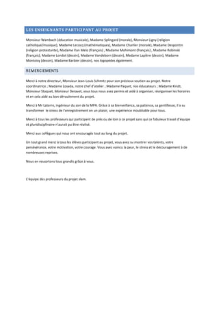 LES ENSEIGNANTS PARTICIPANT AU PROJET

Monsieur Wambach (éducation musicale), Madame Splingard (morale), Monsieur Ligny (religion
catholique/musique), Madame Lecocq (mathématiques), Madame Charlier (morale), Madame Despontin
(religion protestante), Madame Van Melo (français) , Madame Mohimont (français) , Madame Robinski
(français), Madame Londot (dessin), Madame Vandeborn (dessin), Madame Lapière (dessin), Madame
Montoisy (dessin), Madame Barbier (dessin), nos logopèdes également.

REMERCIEMENTS

Merci à notre directeur, Monsieur Jean-Louis Schmitz pour son précieux soutien au projet. Notre
coordinatrice ; Madame Losada, notre chef d’atelier ; Madame Paquet, nos éducateurs ; Madame Kindt,
Monsieur Staquet, Monsieur Deravet, vous tous nous avez permis et aidé à organiser, réorganiser les horaires
et en cela aidé au bon déroulement du projet.

Merci à Mr Laterre, ingénieur du son de la MPA. Grâce à sa bienveillance, sa patience, sa gentillesse, il a su
transformer le stress de l’enregistrement en un plaisir, une expérience inoubliable pour tous.

Merci à tous les professeurs qui participent de près ou de loin à ce projet sans qui ce fabuleux travail d’équipe
et pluridisciplinaire n’aurait pu être réalisé.

Merci aux collègues qui nous ont encouragés tout au long du projet.

Un tout grand merci à tous les élèves participant au projet, vous avez su montrer vos talents, votre
persévérance, votre motivation, votre courage. Vous avez vaincu la peur, le stress et le découragement à de
nombreuses reprises.

Nous en ressortons tous grandis grâce à vous.



L’équipe des professeurs du projet slam.
 
