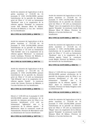 Arrêté du ministre de l'agriculture et de la
pêche maritime n° 1518-09 du 16
joumada II 1430 (10/06/2009) portant           Arrêté du ministre de l'agriculture et de la
réattribution de la parcelle du domaine        pêche maritime n° 1516-09 du 16
privé de l'Etat n° 14 créé au lotissement      joumada II 1430 (10/06/2009) portant
"Bouknao" sise à la coopérative de la          réattribution de la parcelle du domaine
réforme agraire "Essaâda" la commune           privé de l'Etat n° 39 créé au lotissement
rurale Sidi Slimane Moul El Kifane,            "Mejjat" sise à la coopérative de la réforme
Province de Meknès, à l'un des héritiers       agraire "Essaâda" la commune rurale Sidi
de l'ex-bénéficiaire.                          Slimane Moul El Kifane, Province de
                                               Meknès, à l'un des héritiers de          l'ex-
BO n° 5751 du 13/07/2009, p. 3888 VA           bénéficiaire.

                                               BO n° 5751 du 13/07/2009, p. 3887 VA

Arrêté du ministre de l'agriculture et de la
pêche maritime n° 1517-09 du 16
joumada II 1430 (10/06/2009) portant           Arrêté du ministre de l'agriculture et de la
réattribution de la parcelle du domaine        pêche maritime n° 1514-09 du 16
privé de l'Etat n° 32 créé au lotissement      joumada II 1430 (10/06/2009) portant
"Sidi Echikh" sise à la coopérative de la      réattribution de la parcelle du domaine
réforme agraire "Mestoura" la commune          privé de l'Etat n° 13 créé au lotissement
rurale Lemhaya, Province de Meknès, à          "Bouknao" sise à la coopérative de la
l'un des héritiers de l'ex-bénéficiaire.       réforme agraire "Aniya" la          commune
                                               rurale Mejjat, Province de Meknès, à l'un
BO n° 5751 du 13/07/2009, p. 3887 VA           des héritiers de l'ex-bénéficiaire.

                                               BO n° 5751 du 13/07/2009, p. 3886 VA

Arrêté du ministre de l'agriculture et de la
pêche maritime n° 1511-09 du 16
joumada II 1430 (10/06/2009) portant           Décret n° 2-09-253 du 6 joumada II 1430
réattribution de la parcelle du domaine        (23/06/2009) portant attribution de la
privé de l'Etat n° 15 créé au lotissement      parcelle du domaine privé de l'Etat à un
"Sidi M'barek" sise à la coopérative de la     nouveau bénéficiaire n° 26 créé au
réforme agraire "Assolh"       la commune      lotissement    "Tamelalt"   sise  à    la
rurale Aïn Jemaâ, Province de Meknès, à        coopérative de la réforme agraire " Al
l'un des héritiers de l'ex-bénéficiaire.       Aliya" dans la commune rurale de
                                               Tamelalt, Province de Kalâa Sraghna suite
BO n° 5751 du 13/07/2009, p. 3885 VA           au désistement de

                                               BO n° 5751 du 13/07/2009, p. 3876 VA

Décret n° 2-09-254 du 6 joumada II 1430
(23/06/2009) portant attribution de la
parcelle du domaine privé de l'Etat à un       Arrêté du ministre de l'agriculture et de la
nouveau bénéficiaire n°15 créé au              pêche maritime n° 1516-09 du 16
lotissement   "Aghwatim"     sise    à   la    joumada II 1430 (10/06/2009) portant
coopérative de la réforme agraire " Al         réattribution de la parcelle du domaine
Mansouria" dans la commune rurale de           privé de l'Etat n° 39 créé au lotissement
Tamesslouht, Province de Marrakech suite       "Mejjat" sise à la coopérative de la réforme
au désistement de l'ancien bénéficiaire.       agraire "Essaâda" la commune rurale Sidi
                                               Slimane Moul El Kifane, Province de
BO n° 5751 du 13/07/2009, p. 3877 VA           Meknès, à l'un des héritiers de          l'ex-


                                                                                                23
 