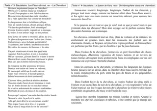 Texte n° 3- Baudelaire, Les Fleurs du mal, 1861 - La Chevelure   Texte n° 4- Baudelaire, Le Spleen de Paris, 1869 - Un Hémisphère dans une chevelure
   Ô toison, moutonnant jusque sur l'encolure!
   Ô boucles! Ô parfum chargé de nonchaloir!                         Laisse-moi respirer longtemps, longtemps, l'odeur de tes cheveux, y
   Extase! Pour peupler ce soir l'alcôve obscure                 plonger tout mon visage, comme un homme altéré dans l'eau d'une source,
   Des souvenirs dormant dans cette chevelure,                   et les agiter avec ma main comme un mouchoir odorant, pour secouer des
   Je la veux agiter dans l'air comme un mouchoir!               souvenirs dans l'air.
   La langoureuse Asie et la brûlante Afrique,
   Tout un monde lointain, absent, presque défunt,                  Si tu pouvais savoir tout ce que je vois! tout ce que je sens! tout ce que
   Vit dans tes profondeurs, forêt aromatique!                   j'entends dans tes cheveux! Mon âme voyage sur le parfum comme l'âme
   Comme d'autres esprits voguent sur la musique,                des autres hommes sur la musique.
   Le mien, ô mon amour! nage sur ton parfum.
   J'irai là-bas où l'arbre et l'homme, pleins de sève,             Tes cheveux contiennent tout un rêve, plein de voilures et de mâtures; ils
   Se pâment longuement sous l'ardeur des climats;               contiennent de grandes mers dont les moussons me portent vers de
   Fortes tresses, soyez la houle qui m'enlève!                  charmants climats, où l'espace est plus bleu et plus profond, où l'atmosphère
   Tu contiens, mer d'ébène, un éblouissant rêve
   De voiles, de rameurs, de ﬂammes et de mâts:
                                                                 est parfumée par les fruits, par les feuilles et par la peau humaine.

   Un port retentissant où mon âme peut boire                        Dans l'océan de ta chevelure, j'entrevois un port fourmillant de chants
   A grands ﬂots le parfum, le son et la couleur                 mélancoliques, d'hommes vigoureux de toutes nations et de navires de
   Où les vaisseaux, glissant dans l'or et dans la moire
   Ouvrent leurs vastes bras pour embrasser la gloire
                                                                 toutes formes découpant leurs architectures fines et compliquées sur un ciel
   D'un ciel pur où frémit l'éternelle chaleur.                  immense où se prélasse l'éternelle chaleur.
   Je plongerai ma tête amoureuse d'ivresse                         Dans les caresses de ta chevelure, je retrouve les langueurs des longues
   Dans ce noir océan où l'autre est enfermé;
   Et mon esprit subtil que le roulis caresse
                                                                 heures passées sur un divan, dans la chambre d'un beau navire, bercées par
   Saura vous retrouver, ô féconde paresse,                      le roulis imperceptible du port, entre les pots de fleurs et les gargoulettes
   Inﬁnis bercements du loisir embaumé!                          rafraîchissantes.
   Cheveux bleus, pavillon de ténèbres tendues
   Vous me rendez l'azur du ciel immense et rond;
                                                                     Dans l'ardent foyer de ta chevelure, je respire l'odeur du tabac mêlé à
   Sur les bords duvetés de vos mèches tordues                   l'opium et au sucre; dans la nuit de ta chevelure, je vois resplendir l'infini de
   Je m'enivre ardemment des senteurs confondues                 l'azur tropical; sur les rivages duvetés de ta chevelure je m'enivre des odeurs
   De l'huile de coco, du musc et du goudron.                    combinées du goudron, du musc et de l'huile de coco.
   Longtemps! toujours! ma main dans ta crinière lourde
                                                                     Laisse-moi mordre longtemps tes tresses lourdes et noires. Quand je
   Sèmera le rubis, la perle et le saphir,
   Aﬁn qu'à mon désir tu ne sois jamais sourde!
                                                                 mordille tes cheveux élastiques et rebelles, il me semble que je mange des
   N'es-tu pas l'oasis où je rêve, et la gourde
                                                                 souvenirs.
   Où je hume à longs traits le vin du souvenir?
 