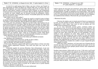 Texte n° 12 - STENDHAL, Le Rouge et le noir, 1830 - Ière partie chapitre VI, L!Ennui        Texte n° 15 - STENDHAL, Le Rouge et le noir, 1830 -
                                                                                         !        !        IIème partie chapitre XL, Le Jugement
      Le teint de ce petit paysan était si blanc, ses yeux si doux, que l’esprit un
peu romanesque de Mme de Rênal eut d’abord l’idée que ce pouvait être une
jeune fille déguisée, qui venait demander quelque grâce à M. le maire. Elle eut          Voilà le dernier de mes jours qui commence, pensa Julien. Bientôt il se
pitié de cette pauvre créature, arrêtée à la porte d’entrée, et qui évidemment           sentit enflammé par l’idée du devoir. Il avait dominé jusque-là son
n’osait pas lever la main jusqu’à la sonnette. Mme de Rênal s’approcha, distraite        attendrissement, et gardé sa résolution de ne point parler ; mais quand
un instant de l’amer chagrin que lui donnait l’arrivée du précepteur. Julien,            le président des assises lui demanda s’il avait quelque chose à ajouter, il
tourné vers la porte, ne la voyait pas s’avancer. Il tressaillit quand une voix douce    se leva. Il voyait devant lui les yeux de Mme Derville qui, aux lumières,
dit tout près de son oreille :                                                           lui semblèrent bien brillants. Pleurerait-elle, par hasard? pensa-t-il.
– Que voulez-vous ici, mon enfant ?
      Julien se tourna vivement, et, frappé du regard si rempli de grâce de Mme          « Messieurs les jurés,
de Rênal, il oublia une partie de sa timidité. Bientôt, étonné de sa beauté, il oublia
tout même ce qu’il venait faire. Mme de Rênal avait répété sa question.                        L’horreur du mépris, que je croyais pouvoir braver au moment de
– Je viens pour être précepteur, Madame, lui dit-il enfin, tout honteux de ses           la mort, me fait prendre la parole. Messieurs, je n’ai point l’honneur
larmes qu’il essuyait de son mieux. Mme de Rênal resta interdite, ils étaient fort       d’appartenir à votre classe, vous voyez en moi un paysan qui s’est
près l’un de l’autre à se regarder. Julien n’avait jamais vu un être aussi bien vêtu     révolté contre la bassesse de sa fortune.
et surtout une femme avec un teint si éblouissant, lui parler d’un air doux. Mme               Je ne vous demande aucune grâce, continua Julien en
de Rênal regardait les grosses larmes qui s’étaient arrêtées sur les joues si pâles      affermissant sa voix. Je ne me fais point illusion, la mort m’attend : elle
d’abord et maintenant si roses de ce jeune paysan. Bientôt elle se mit à rire, avec      sera juste. J’ai pu attenter aux jours de la femme la plus digne de tous
toute la gaieté folle d’une jeune fille, elle se moquait d’elle-même et ne pouvait se    les respects, de tous les hommages. Mme de Rênal avait été pour moi
figurer tout son bonheur. Quoi, c’était là ce précepteur qu’elle s’était figuré          comme une mère. Mon crime est atroce, et il fut prémédité. J’ai donc
comme un prêtre sale et mal vêtu, qui viendrait gronder et fouetter ses enfants !        mérité la mort, messieurs les jurés. Mais quand je serais moins
– Quoi, Monsieur, lui dit-elle enfin, vous savez le latin ?                              coupable, je vois des hommes qui, sans s’arrêter à ce que ma jeunesse
!     Ce mot de Monsieur étonna si fort Julien qu’il réfléchit un instant.               peut mériter de pitié, voudront punir en moi et décourager à jamais
– Oui, Madame, dit-il timidement.                                                        cette classe de jeunes gens qui, nés dans une classe inférieure et en
      Mme de Rênal était si heureuse, qu’elle osa dire à Julien :                        quelque sorte opprimés par la pauvreté, ont le bonheur de se procurer
– Vous ne gronderez pas trop ces pauvres enfants ?                                       une bonne éducation et l’audace de se mêler à ce que l’orgueil des gens
– Moi, les gronder, dit Julien étonné, et pourquoi ?                                     riches appelle la société.
– N’est-ce pas, Monsieur, ajouta-t-elle après un petit silence et d’une voix dont              Voilà mon crime, messieurs, et il sera puni avec d’autant plus de
chaque instant augmentait l’émotion, vous serez bon pour eux, vous me le                 sévérité, que, dans le fait, je ne suis point jugé par mes pairs. Je ne vois
promettez ?                                                                              point sur les bancs des jurés quelque paysan enrichi, mais uniquement
      S’entendre appeler de nouveau Monsieur, bien sérieusement, et par une              des bourgeois indignés… »
dame si bien vêtue, était au-dessus de toutes les prévisions de Julien : dans tous
les châteaux en Espagne de sa jeunesse, il s’était dit qu’aucune dame comme il           Pendant vingt minutes, Julien parla sur ce ton ; il dit tout ce qu’il avait
faut ne daignerait lui parler que quand il aurait un bel uniforme. Mme de Rênal,         sur le cœur ; l’avocat général, qui aspirait aux faveurs de l’aristocratie,
de son côté, était complètement trompée par la beauté du teint, les grands yeux          bondissait sur son siège ; mais malgré le tour un peu abstrait que Julien
noirs de Julien et ses jolis cheveux qui frisaient plus qu’à l’ordinaire, parce que      avait donné à la discussion, toutes les femmes fondaient en larmes.
pour se rafraîchir il venait de plonger la tête dans le bassin de la fontaine            Mme Derville elle-même avait son mouchoir sur ses yeux. Avant de
publique. À sa grande joie, elle trouvait l’air timide d’une jeune fille à ce fatal      finir, Julien revint à la préméditation, à son repentir, au respect, à
précepteur, dont elle avait tant redouté pour ses enfants la dureté et l’air             l’adoration filiale et sans bornes que, dans les temps plus heureux, il
rébarbatif. Pour l’âme si paisible de Mme de Rênal, le contraste de ses craintes et      avait pour Mme de Rênal… Mme Derville jeta un cri et s’évanouit.
de ce qu’elle voyait fut un grand événement. Enfin elle revint de sa surprise. Elle
fut étonné de se trouver ainsi à la porte de sa maison avec ce jeune homme
presque en chemise et si près de lui.
– Entrons, Monsieur, lui dit-elle d’un air assez embarrassé.
 