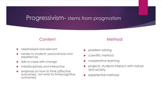 Progressivism- stems from pragmatism
Content
 need-based and relevant
 relates to students' personal lives and
experiences
 skills to cope with change
 interdisciplinary and interactive
 emphasis on how to think (affective
outcomes), not what to think(cognitive
outcomes)
Method
 problem solving
 scientific method
 cooperative learning
 projects: students interact with nature
and society
 experiential methods
 