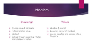 Idealism
Knowledge
 timeless ideas & concepts
 rethinking latent ideas
 abstract
 gained through reasoning, intuition
and religious revelation
Values
 absolute & eternal
 based on conformity to ideals
 can be classified and ordered into a
hierarchy
 