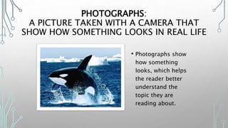 PHOTOGRAPHS:
A PICTURE TAKEN WITH A CAMERA THAT
SHOW HOW SOMETHING LOOKS IN REAL LIFE
• Photographs show
how something
looks, which helps
the reader better
understand the
topic they are
reading about.
 