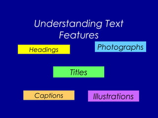 Understanding Text
Features
Headings
Titles
Photographs
IllustrationsCaptions
 