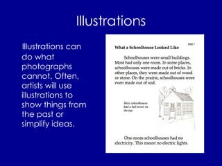 Illustrations Illustrations can do what photographs cannot. Often, artists will use illustrations to show things from the past or simplify ideas. 