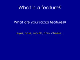 What is a feature? What are your  facial features ? eyes, nose, mouth, chin, cheeks… 