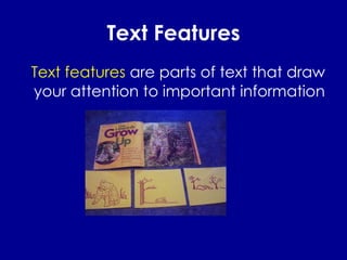 Text Features Text features  are parts of text that draw your attention to important information 