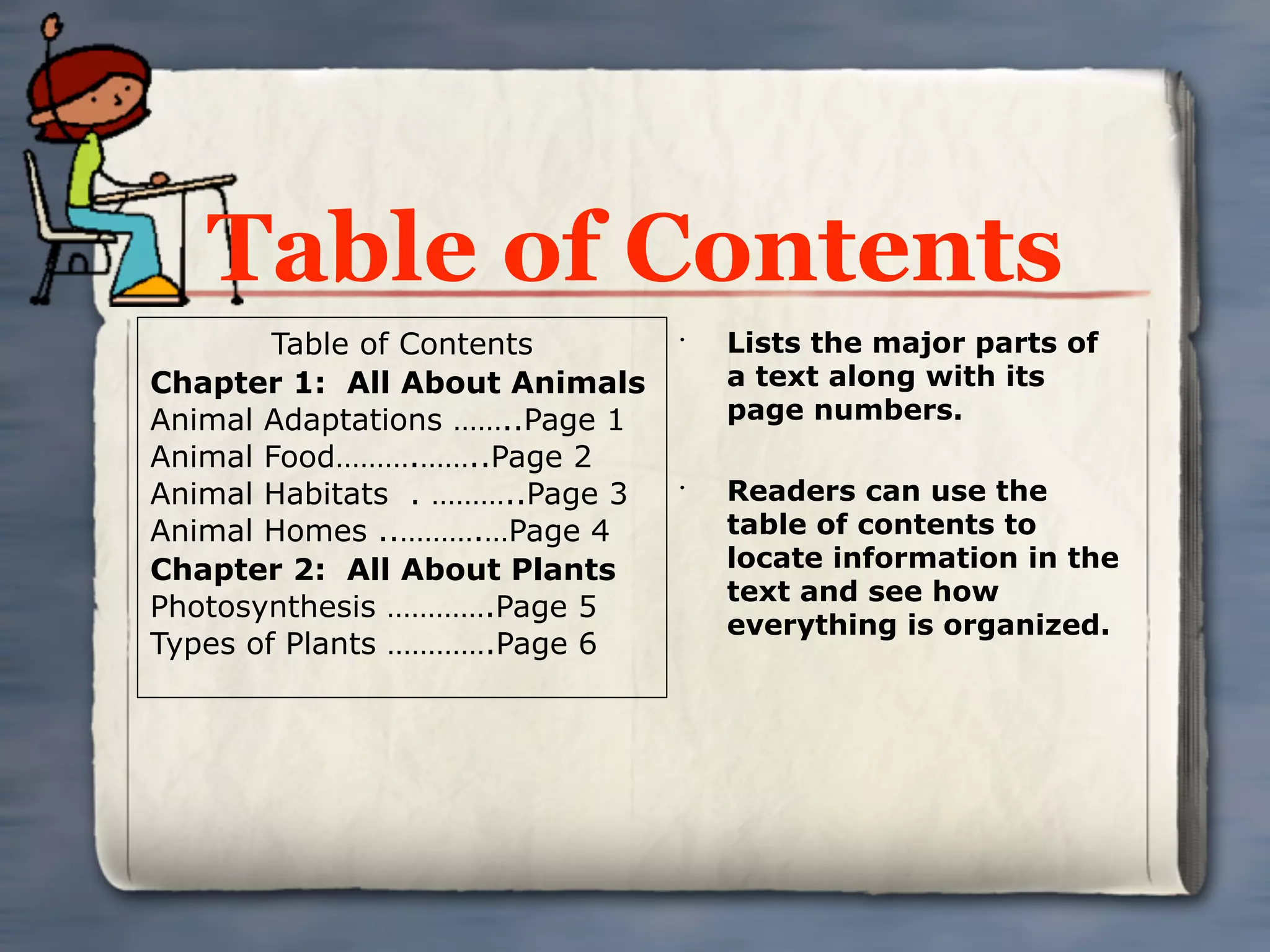 Table of Contents
        Table of Contents       •
                                    Lists the major parts of
Chapter 1: All About Animals        a text along with its
Animal Adaptations ……..Page 1       page numbers.
Animal Food……….……..Page 2
Animal Habitats . ………..Page 3   •
                                    Readers can use the
Animal Homes ..……….…Page 4          table of contents to
Chapter 2: All About Plants         locate information in the
                                    text and see how
Photosynthesis ………….Page 5
                                    everything is organized.
Types of Plants ………….Page 6
 