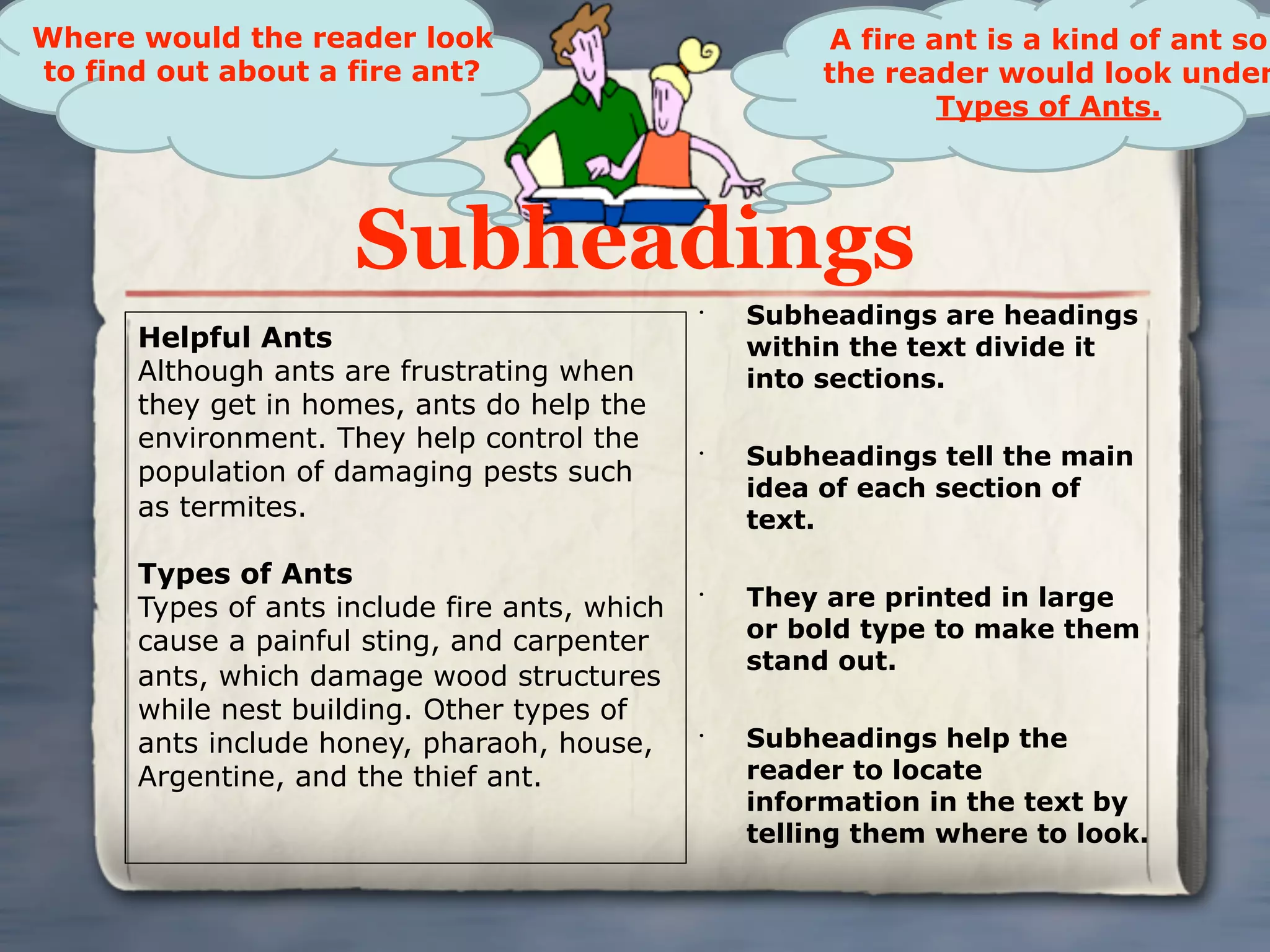 Where would the reader look                             A fire ant is a kind of ant so
to find out about a fire ant?                           the reader would look under
                                                                Types of Ants.




                     Subheadings
                                               •
                                                   Subheadings are headings
      Helpful Ants                                 within the text divide it
      Although ants are frustrating when           into sections.
      they get in homes, ants do help the
      environment. They help control the       •
                                                   Subheadings tell the main
      population of damaging pests such
                                                   idea of each section of
      as termites.                                 text.

      Types of Ants
      Types of ants include fire ants, which
                                               •
                                                   They are printed in large
      cause a painful sting, and carpenter         or bold type to make them
                                                   stand out.
      ants, which damage wood structures
      while nest building. Other types of
      ants include honey, pharaoh, house,      •
                                                   Subheadings help the
      Argentine, and the thief ant.                reader to locate
                                                   information in the text by
                                                   telling them where to look.
 