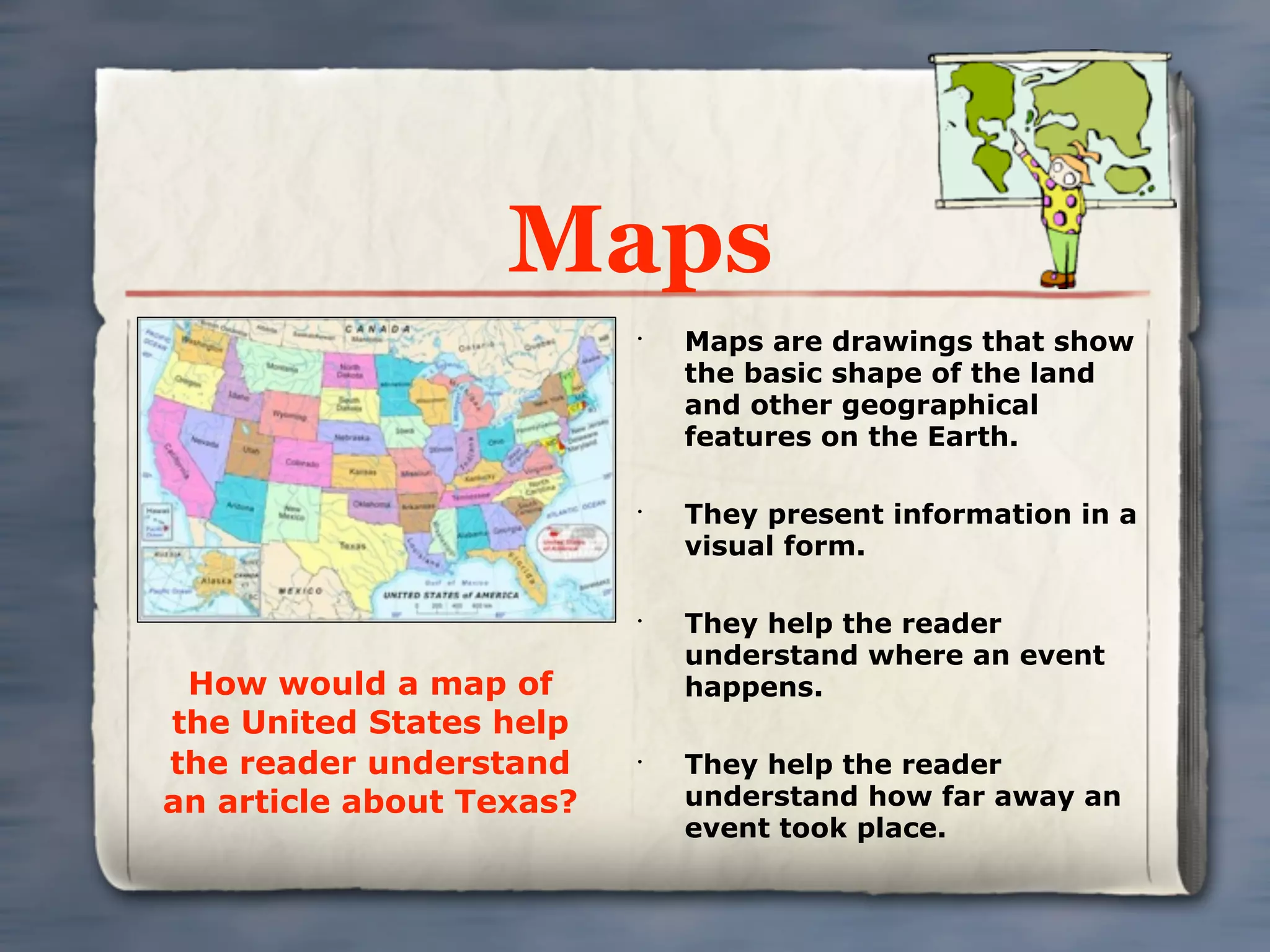 Maps
                          •
                              Maps are drawings that show
                              the basic shape of the land
                              and other geographical
                              features on the Earth.

                          •
                              They present information in a
                              visual form.

                          •
                              They help the reader
                              understand where an event
 How would a map of           happens.
the United States help
the reader understand     •
                              They help the reader
an article about Texas?       understand how far away an
                              event took place.
 