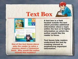 Text Box
                              •
                                  A text box is a field
                                  located outside the text
                                  which provides additional
                                  information about a topic
                                  within the text or hi-lights
                                  information on which the
                                  author would like the
                                  reader to focus.

                              •
                                  Text boxes help readers
                                  understand the text by
One of the text boxes above       creating interest or
 asks the reader to solve a       emphasizing important
mystery about a Tasmanian         information.
Devil. Why would the author
   include this mystery?
 