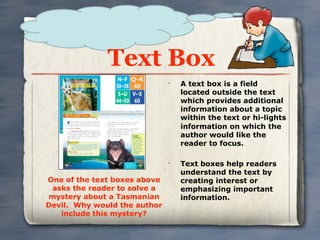 Text Box
                              •
                                  A text box is a field
                                  located outside the text
                                  which provides additional
                                  information about a topic
                                  within the text or hi-lights
                                  information on which the
                                  author would like the
                                  reader to focus.

                              •
                                  Text boxes help readers
                                  understand the text by
One of the text boxes above       creating interest or
 asks the reader to solve a       emphasizing important
mystery about a Tasmanian         information.
Devil. Why would the author
   include this mystery?
 