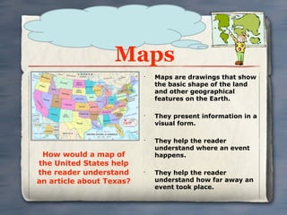 Maps
                          •
                              Maps are drawings that show
                              the basic shape of the land
                              and other geographical
                              features on the Earth.

                          •
                              They present information in a
                              visual form.

                          •
                              They help the reader
                              understand where an event
 How would a map of           happens.
the United States help
the reader understand     •
                              They help the reader
an article about Texas?       understand how far away an
                              event took place.
 