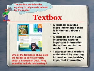 Textbox
• A textbox provides
more information than
is in the text about a
topic.
• A textbox can include
interesting facts or
important information
the author wants the
reader to know.
• Textboxes help readers
understand by creating
interest or emphasizing
important information.
One of the textboxes above asks
the reader to solve a mystery
about a Tasmanian Devil. Why
would he include this mystery?
The textbox contains the
mystery to help create interest
for the reader.
 