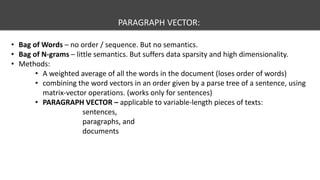 PARAGRAPH VECTOR:
• Bag of Words – no order / sequence. But no semantics.
• Bag of N-grams – little semantics. But suffers data sparsity and high dimensionality.
• Methods:
• A weighted average of all the words in the document (loses order of words)
• combining the word vectors in an order given by a parse tree of a sentence, using
matrix-vector operations. (works only for sentences)
• PARAGRAPH VECTOR – applicable to variable-length pieces of texts:
sentences,
paragraphs, and
documents
 