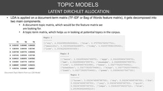 TOPIC MODELS
LATENT DIRICHLET ALLOCATION:
• LDA is applied on a document-term matrix (TF-IDF or Bag of Words feature matrix), it gets decomposed into
two main components.
• A document-topic matrix, which would be the feature matrix we
are looking for.
• A topic-term matrix, which helps us in looking at potential topics in the corpus.
 