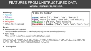 Tokenizing:
• Tokenize
• N-Grams
• Skip-Grams
• Char-grams
• Affixes (Not in example)
NATURAL LANGUAGE PROCESSING:
FEATURES FROM UNSTRUCTURED DATA
Enrich:
• Entity Insertion/Extraction
"Microsoft Releases Windows" -> "Microsoft(company) releases Windows(application)"
• Parse Trees
"Alice hits Bill" -> Alice/Noun_subject hits/Verb Bill/Noun_object
[('Mark', 'NNP', u'B-PERSON'), ('and', 'CC', u'O'), ('John', 'NNP', u'B-PERSON'), ('are', 'VBP', u'O'), ('working', 'VBG', u'O'),
('at', 'IN', u'O'), ('Google', 'NNP', u'B-ORGANIZATION'), ('.', '.', u'O’)]
• Reading Level
 