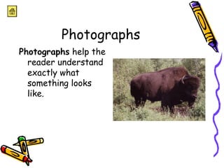 Photographs 
Photographs help the 
reader understand 
exactly what 
something looks 
like. 
 