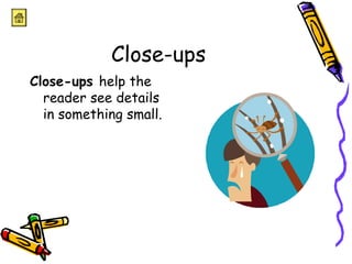 Close-ups 
Close-ups help the 
reader see details 
in something small. 
 