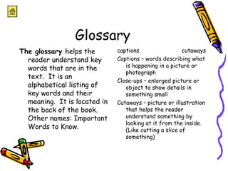 Glossary 
The glossary helps the 
reader understand key 
words that are in the 
text. It is an 
alphabetical listing of 
key words and their 
meaning. It is located in 
the back of the book. 
Other names: Important 
Words to Know. 
captions cutaways 
Captions – words describing what 
is happening in a picture or 
photograph 
Close-ups – enlarged picture or 
object to show details in 
something small 
Cutaways – picture or illustration 
that helps the reader 
understand something by 
looking at it from the inside. 
(Like cutting a slice of 
something) 
 
